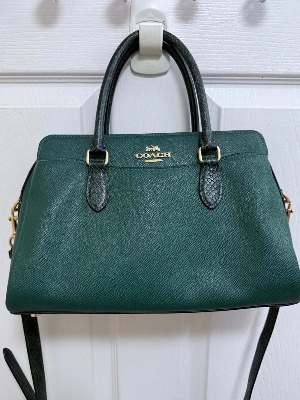 COACH Darcie Carryall in Dark Green Leather Satchel with Gold Hardware